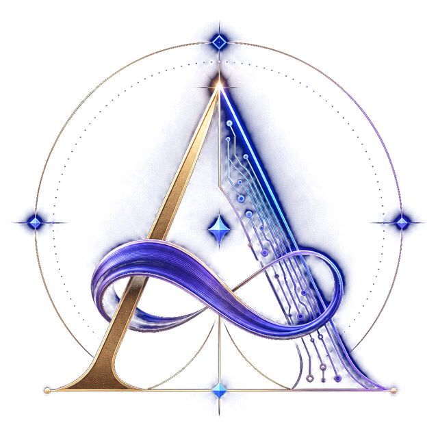 AI Haute Couture Lab emblem: a gold A and a circuit-patterned A, entwined by a violet ribbon in the shape of infinity.