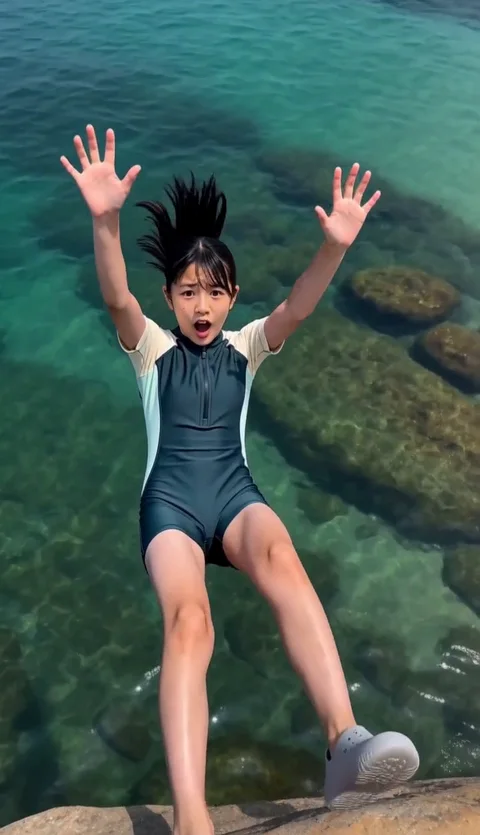 つむぎが崖から海へ落ちていく映像