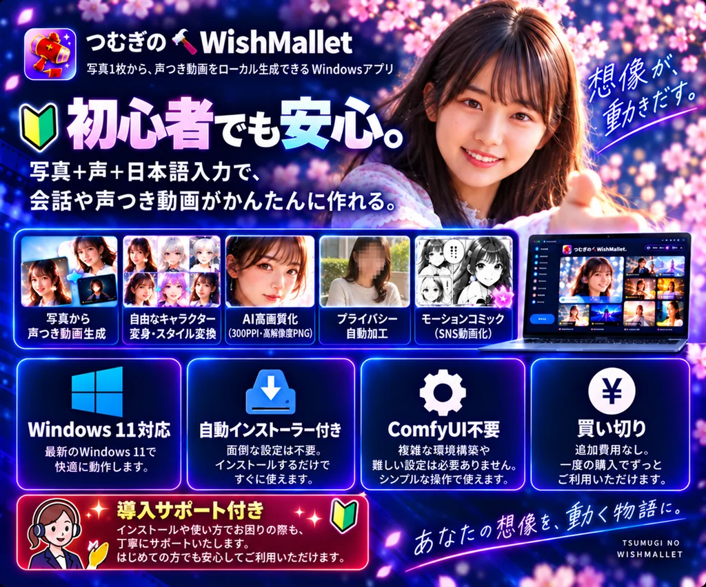 初心者でも安心。写真から声つき動画、Windows、ComfyUI不要、自動インストーラー
