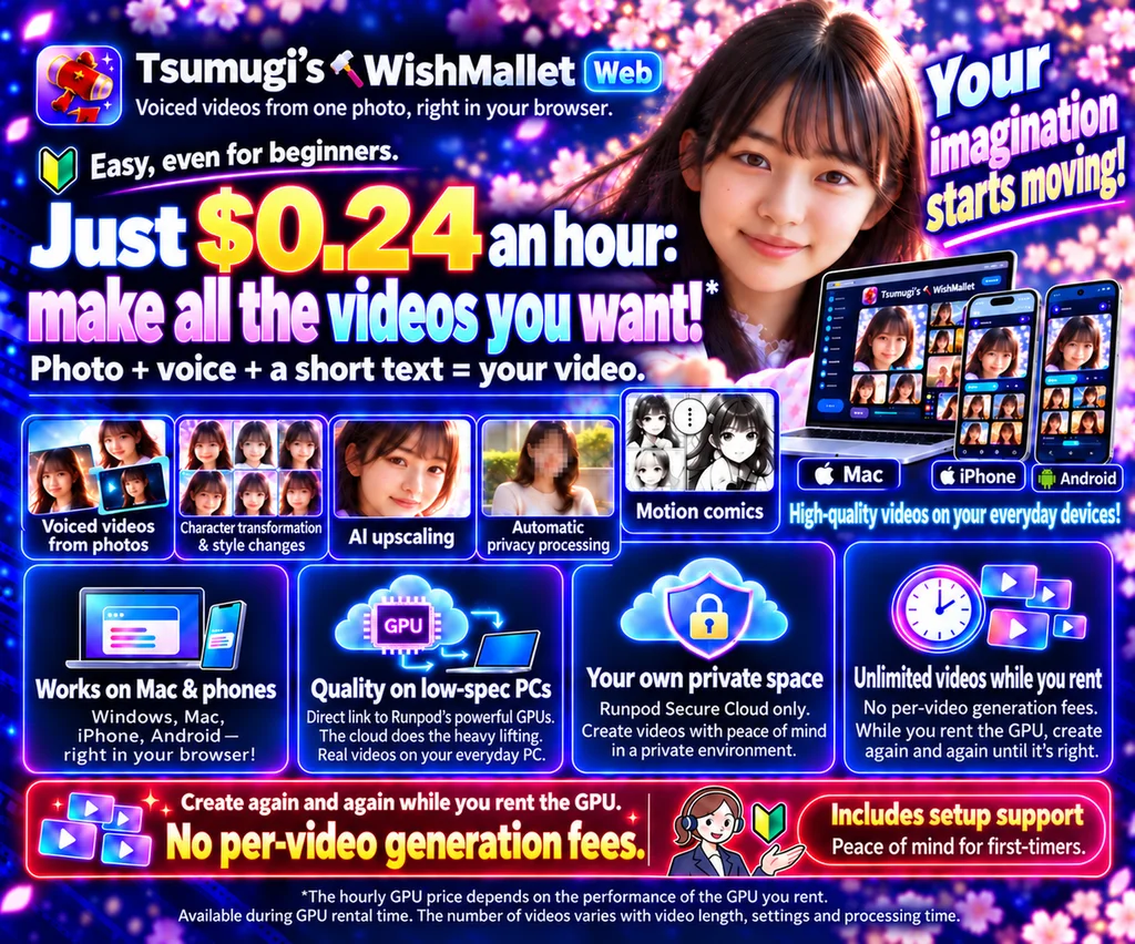 Easy, even for beginners. Just $0.24 an hour of GPU time: make all the videos you want. Works on Mac and phones, quality on low-spec PCs, private Runpod Secure Cloud, no per-video generation fees, setup support