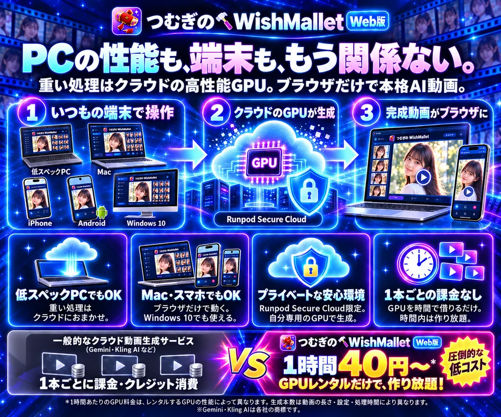 PCの性能も、端末も、もう関係ない。低スペックPCでもOK、Mac・iPhone・Android・Windows 10でも使える、Runpod Secure Cloud限定の安心環境、1本ごとの課金なしでGPUを時間で借りて作り放題