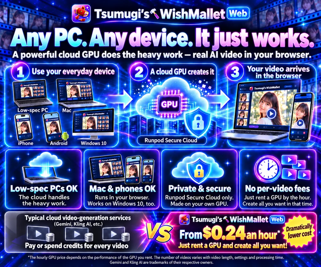 Any PC. Any device. It just works: low-spec PCs, Mac, iPhone, Android and Windows 10, private Runpod Secure Cloud, and no per-video fees — rent a GPU from $0.24 an hour and create all you want