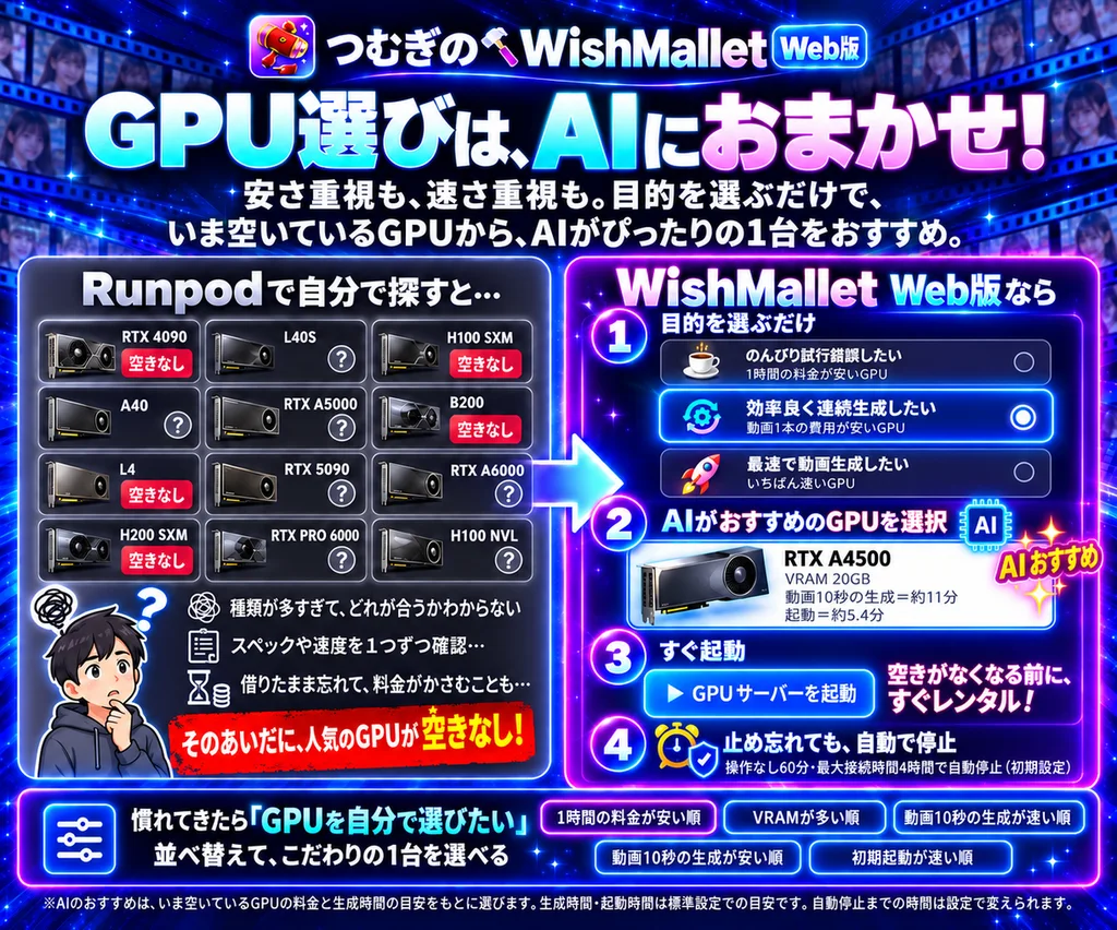 GPU選びは、AIにおまかせ。のんびり試行錯誤・効率良く連続生成・最速で動画生成から目的を選ぶだけで、いま空いているGPUからAIがおすすめを選択。止め忘れても、操作なし60分・最大接続時間4時間で自動停止（初期設定）。慣れたら並べ替えて自分で選べる