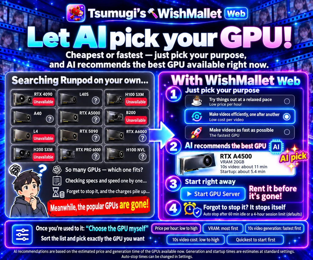 Let AI pick your GPU: choose a relaxed, efficient or fastest purpose and AI recommends the best GPU available now. If you forget it, it stops automatically after 60 minutes with no activity or at the 4-hour usage limit (defaults). Later, sort the list and choose it yourself