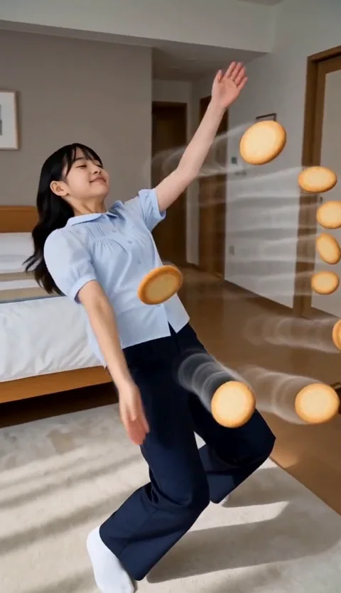 宙に浮かぶおやつを、身を反らしてかわすつむぎ。生成元動画の一場面。