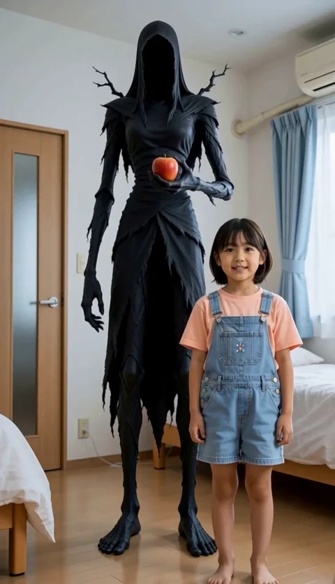 りんごを持った黒いクリーチャーと少女が並ぶ、生成元動画の一場面。