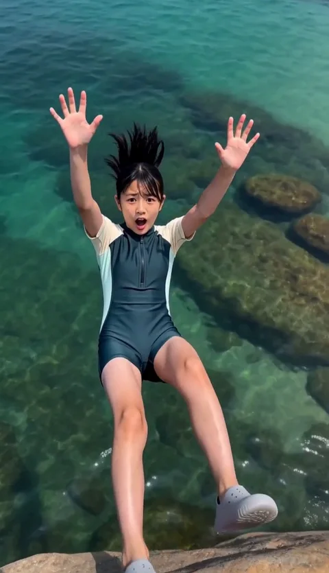 海を背に、驚いた表情で宙に浮くつむぎ。生成元動画の一場面。