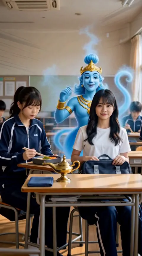 教室のつむぎたちの前に青い精霊が現れる、生成元動画の一場面。