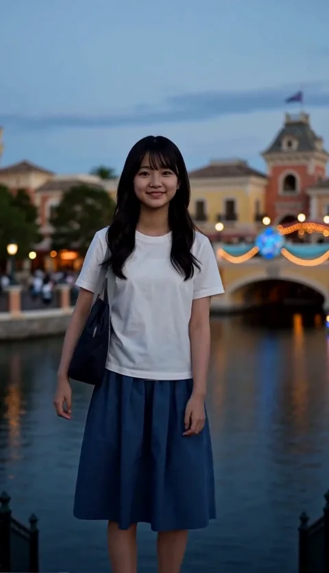 水辺の街並みと人々を背景に振り返るつむぎ、生成元動画の一場面。