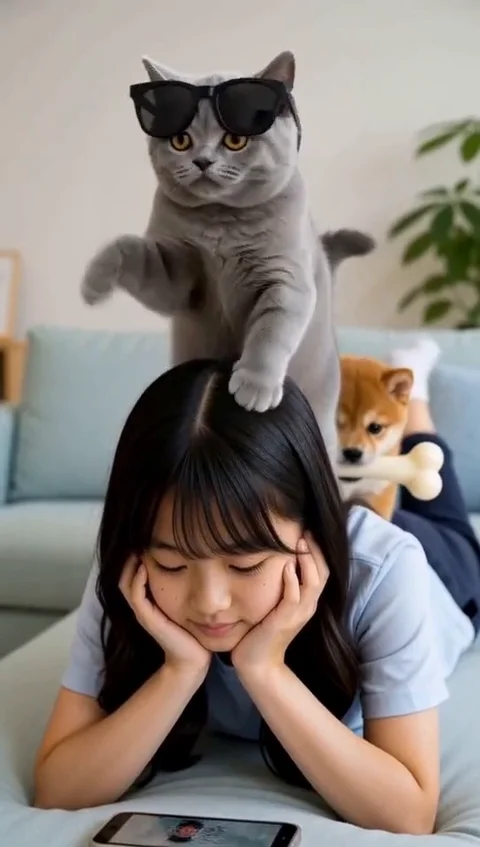 ソファでつむぎと共演する猫と犬、生成元動画の一場面。