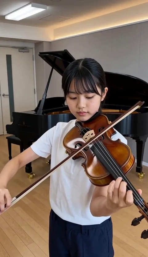 音楽室でヴァイオリンを弾くつむぎ、生成元動画の一場面。